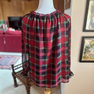TALBOTS Off Shoulder Round Collar Red Black Plaid Tartan Top Blouse - SP
